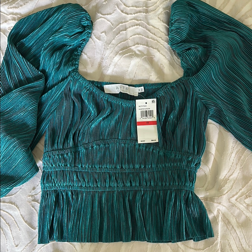 Astr Green and Blue Puff Sleeve Blouse with Smocked Details